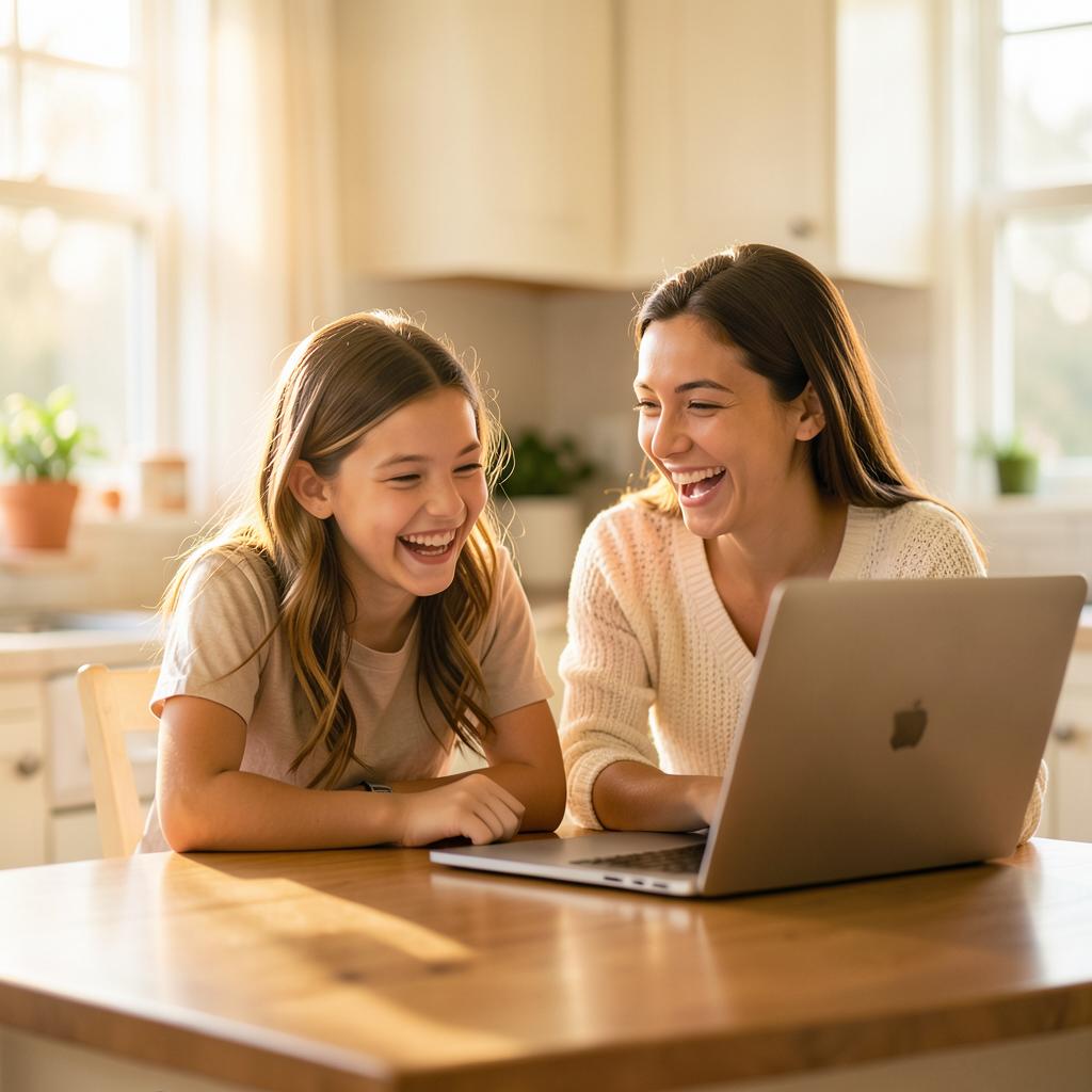 A mother and teenage daughter laughing together at a laptop in the kitchen