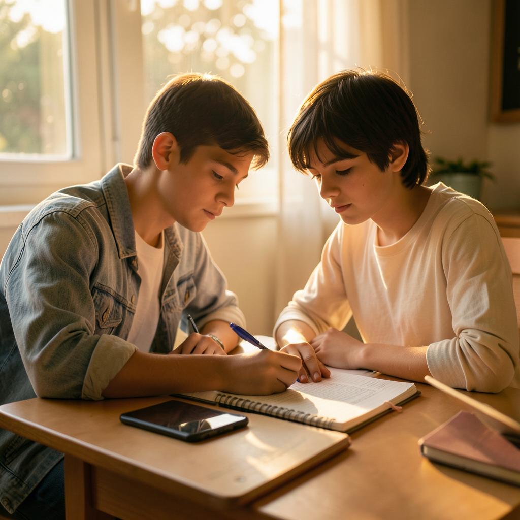 Two teenagers doing homework at a desk in afternoon light