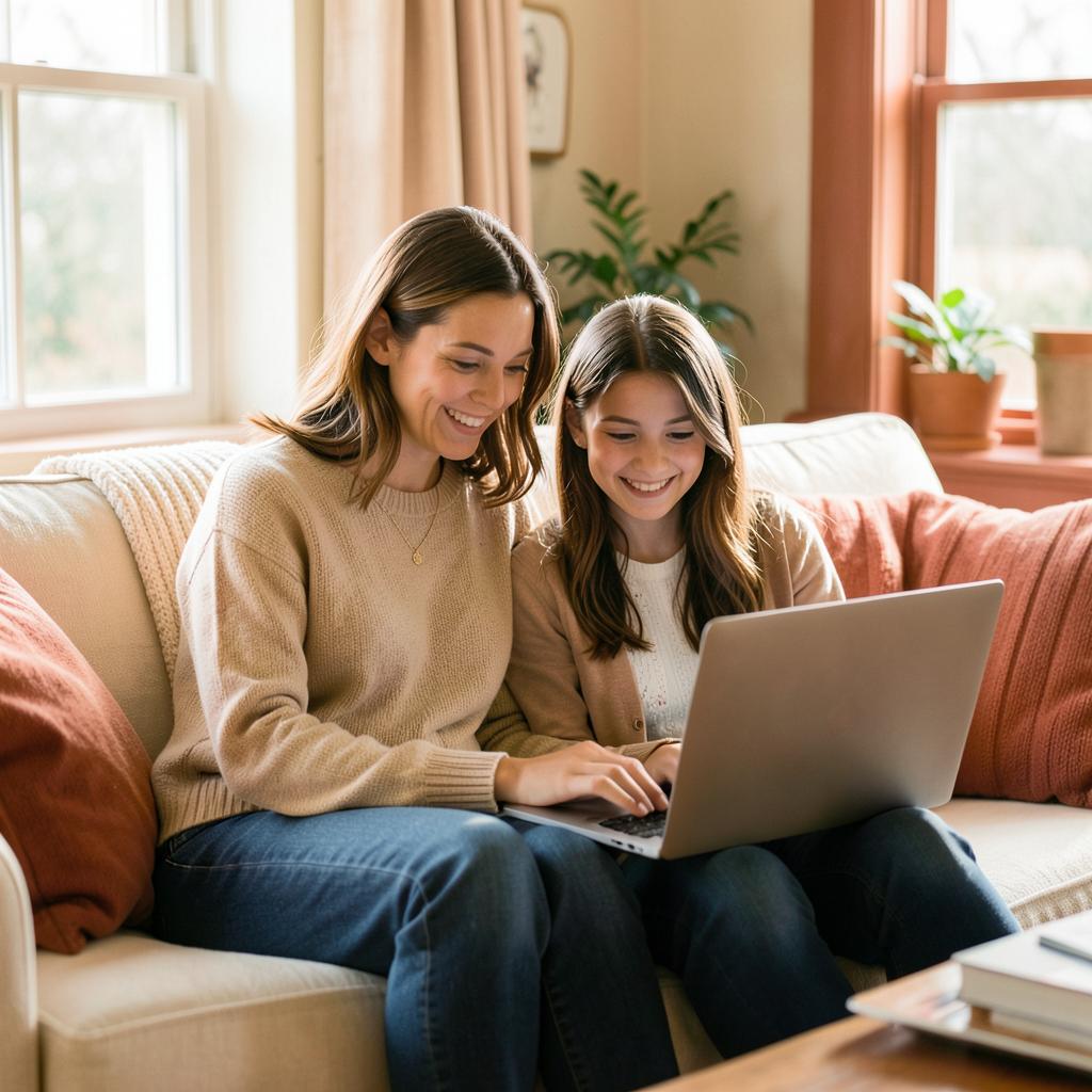 A mother and her teenage daughter sitting together on a sofa looking at a laptop.