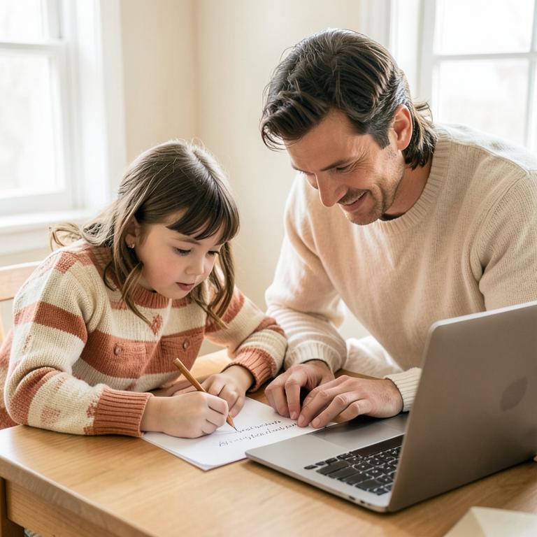 A father and child writing a password next to a laptop.