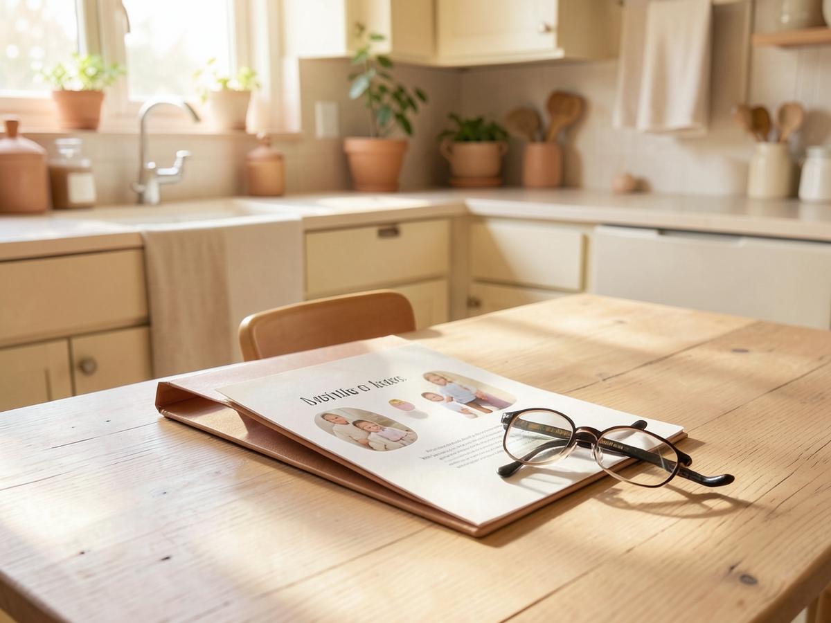A family folder and reading glasses on a bright kitchen table