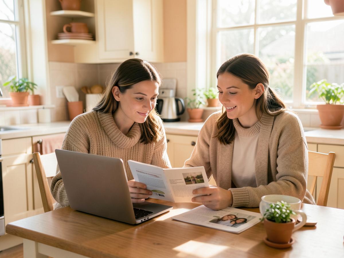 Two family members reading a guide together at the kitchen table
