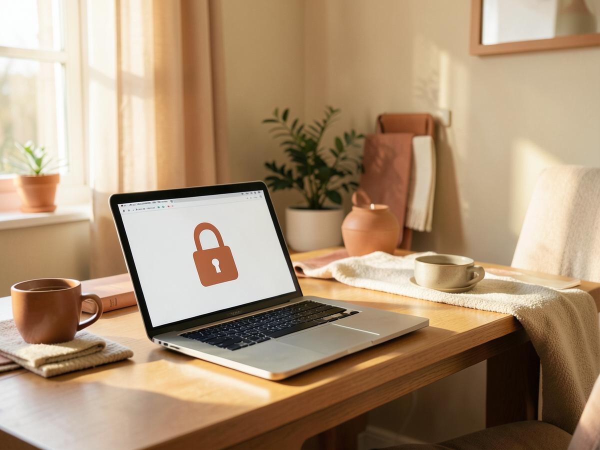 A laptop showing a padlock on a cosy family desk