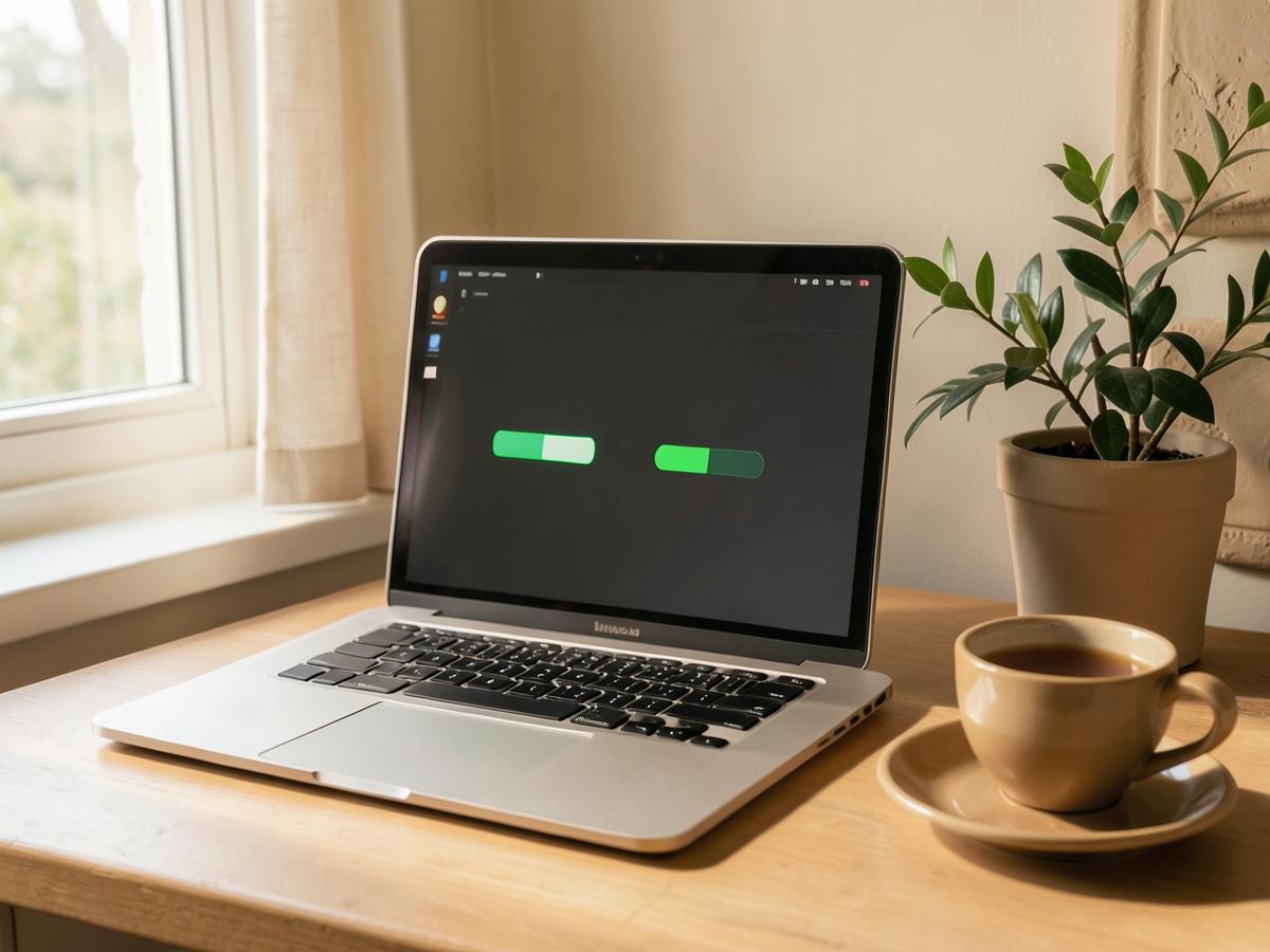 A laptop with green status markers next to a cup of tea